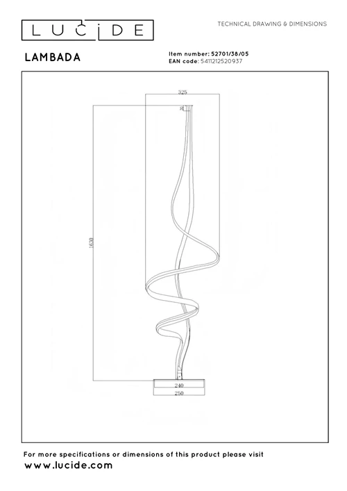 Lucide LAMBADA - Floor lamp - LED Dim. - 1x38W 2700K - Matt Gold / Brass - Premium - technical
